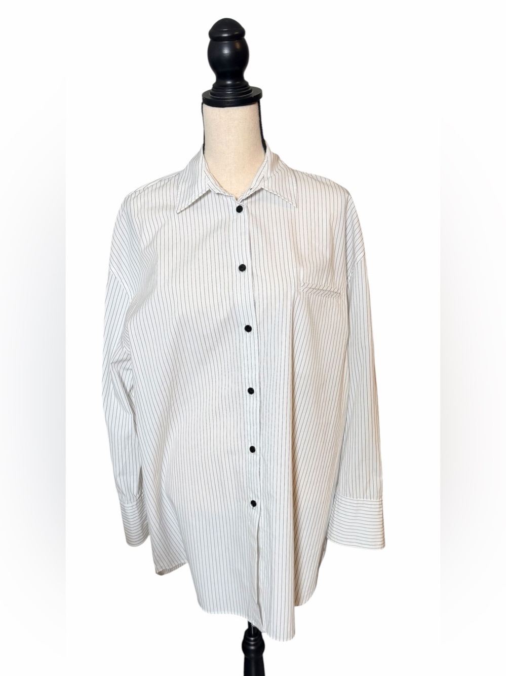 Zara Oversized Vertical Pinstripe Button Down Shirt - White & Black - Size Small